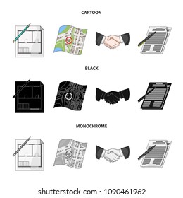 House plan, documents for signing, handshake, terrain plan. Realtor set collection icons in cartoon,black,monochrome style vector symbol stock illustration web.