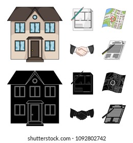 House plan, documents for signing, handshake, terrain plan. Realtor set collection icons in cartoon,black style vector symbol stock illustration web.