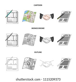 House plan, documents for signing, handshake, terrain plan. Realtor set collection icons in cartoon,outline,monochrome style vector symbol stock illustration web.