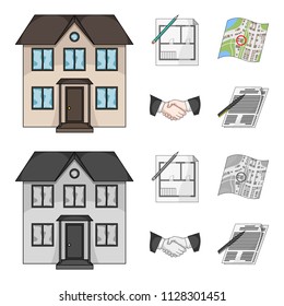 House plan, documents for signing, handshake, terrain plan. Realtor set collection icons in cartoon,monochrome style vector symbol stock illustration web.