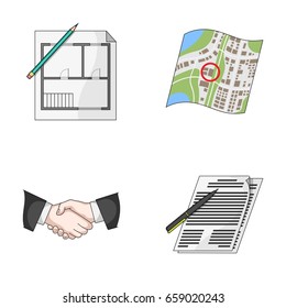 House plan, documents for signing, handshake, terrain plan. Realtor set collection icons in cartoon style vector symbol stock illustration web.