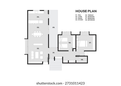 Apresentação ilustrativa do desenho da planta da casa. Apresentação da planta arquitetônica da casa mostrando salas interiores. ilustração vetorial