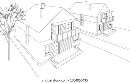 
house plan facades architectural sketch 3d illustration
