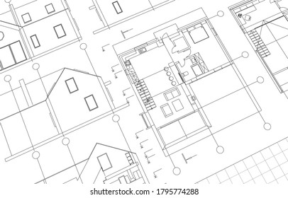 
house plan facades sketch 3d illustration