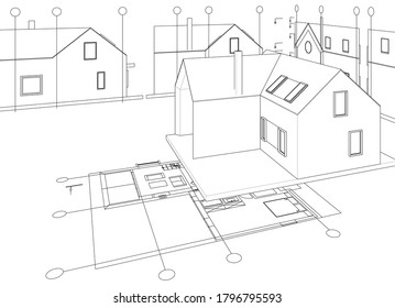 
house plan facades sketch 3d illustration