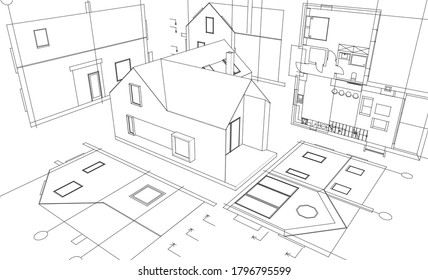 
esquema de fachadas del plan de la casa ilustración 3d