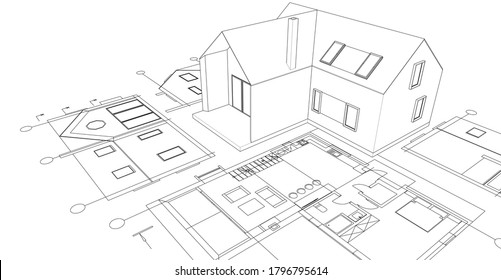 
esquema de fachadas del plan de la casa ilustración 3d