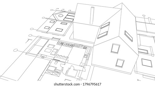 
house plan facades sketch 3d illustration