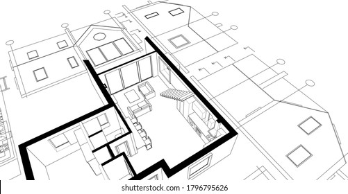 
house plan facades sketch 3d illustration