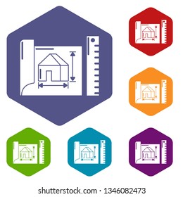 House plan icons vector colorful hexahedron set collection isolated on white