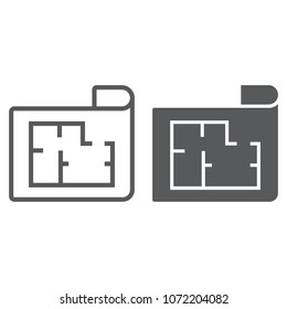 House Plan line and glyph icon, real estate and home, architectural blueprint sign vector graphics, a linear pattern on a white background, eps 10.