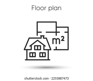 House plan line icon. House architectural floor plan sign. Square meters of living space symbol. Illustration for web and mobile app. Line style house floorplan icon. Editable stroke. Vector