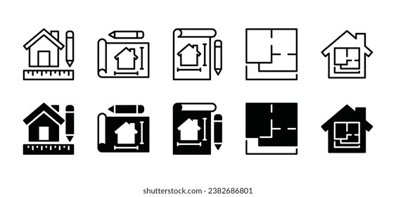 House plan line icon set. Home floor plan icon symbol. Blueprint for office, house, apartment, workspace, residence, real estate. Apps and websites. Vector illustration