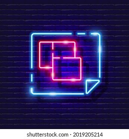 Icono de neón del plan de la casa. Ilustración vectorial para el diseño. Herramienta de reparación del signo de brillo. Concepto de herramientas de construcción.