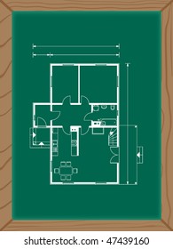 house plan on the green board in white color. ground floor
