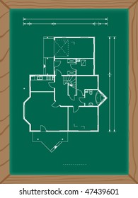 house plan on the green board in white color. ground floor