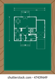 house plan on the green board in white color. ground floor