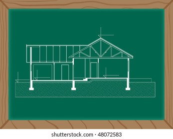 house plan on the green board in white color. fasade
