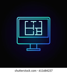House plan on pc display icon - vector blue outline symbol or design element on dark background
