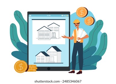 Casa Plan en línea. Hombre con casco protector se para cerca del dibujo del edificio. Ingeniero y constructor con proyecto de la casa. Ilustración vectorial plana aislada sobre fondo blanco