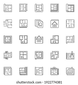House Plan outline icons set. Vector House or Apartment Project On Blueprint concept line symbols or design elements