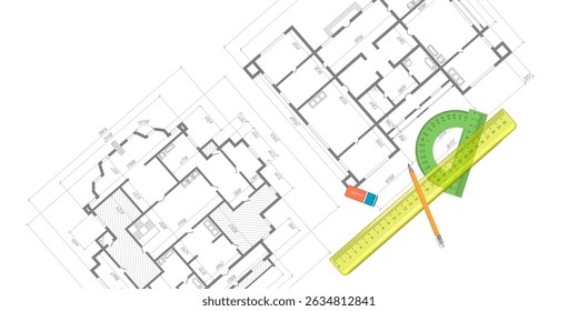 House plan project .Engineering education. Architectural plan .Ruler and protractor. Vector illustration