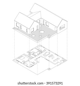 House with plan projection on white background. Isometric line illustration of sketch house.