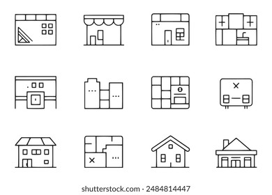 House plan related , editable stroke outline icon set illustration