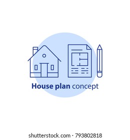 House plan services, home improvement and remodeling concept logo, residential building renovation, blueprint and pencil, vector line icon