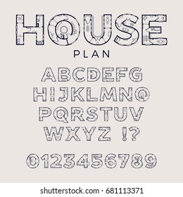 House plan typeface. Detailed vector floor plan display font with letters and digits decorated as house or floor blueprints with doors, walls, furniture and other elements. Full alphabet and digits