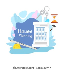 House Planning, Building Vector Banner Concept. Architect, Builder Occupation Flat Poster. Construction Tools, Hammer, Hard hat, Ruler. Architectural Project Development Illustration with Typography