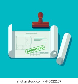 House Planning Technical Blueprints Received Permission. Building Plan Approved Stamp. Flat Style Vector Illustration.