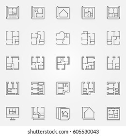 House plans icon set. Vector home and apartment plan concept symbols in thin line style