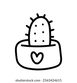 House plant. Cactus, a pot with a heart. Kawaii cactus. Black and white illustration, hand drawn coloring.