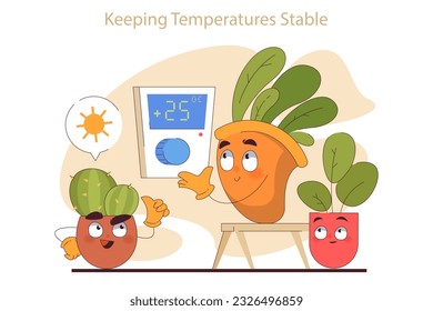 House plant care with stable temperature regime. Taking care of potted house plants. Modern agricultural hobby, urban farming advice. Flat vector illustration