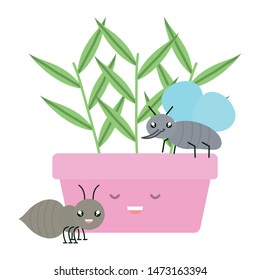 house plant in ceramic pot with insects flying kawaii style