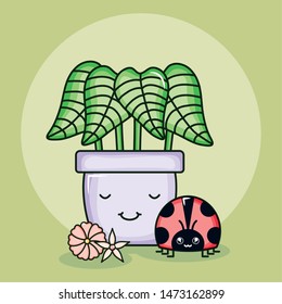 house plant in ceramic pot with ladybug kawaii style