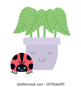 house plant in ceramic pot with ladybug kawaii style