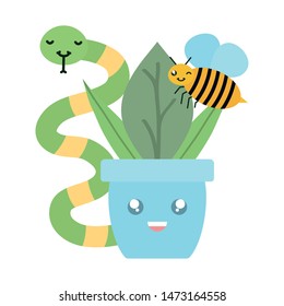 house plant in ceramic pot with snake and bee kawaii style