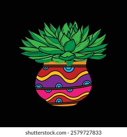 House Plant in Colorful Pot Vector illustration. Potted Greenery, Indoor Plant, Botanical Illustration, Home Decor, Foliage Art, Nature Clipart, Tropical Leaves, Minimalist, Modern, Isolated Design.