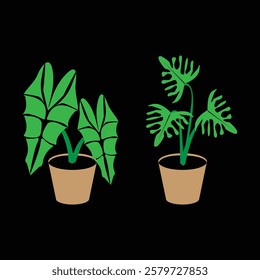 House Plant in Colorful Pot Vector illustration. Potted Greenery, Indoor Plant, Botanical Illustration, Home Decor, Foliage Art, Nature Clipart, Tropical Leaves, Minimalist, Modern, Isolated Design.