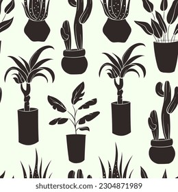 House plant flat pattern. Silhouettes seamless pattern of decor house indoor garden plants. Black and white house plants in flower pot outline doodle .Vector illustrations.