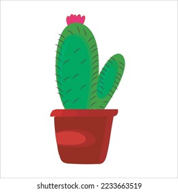 House plant in floral pot or planter vector illustration cactus with red flowers
