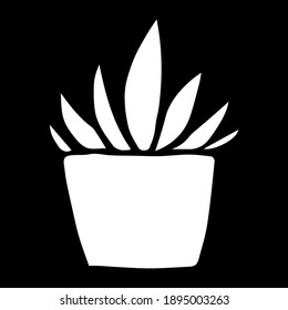 House plant in flower pot for your design. Vector floral element. Clip art isolated on black background. Monochrome logo.