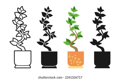 House plant in flowerpot cartoon icon set. Leaf potted houseplant ceramic doodle, line icon or silhouette style collection. Modern boho home plant in pot interior natural trendy decor stamp vector