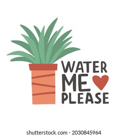 House plant, gardening joke. Square card or poster design water me please. Coloful funny lettering quote Cute planner sticker