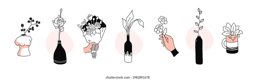 House plant, hands holding flowers, bouquet, woman bust vase, face pot. Trendy elegant art. Hand drawn vector illustrations.