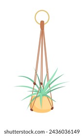 Planta de la casa en macrame colgante. El jardín verde de casa. Ilustración vectorial de flores tropicales en la percha. Linda hermosa decoración casera o de oficina hecha a mano.