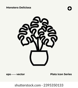 Icono de Monstera. Monstera Deliciosa. Iconos de la planta de la casa. Planta con olla. Plantas decorativas