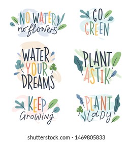 House plant lettering and calligraphy print with quotes. Doodle handwritten phrases with simple scandinavian style illustrations. Vector typography, good for t-shirt print, postcard or sticker set.